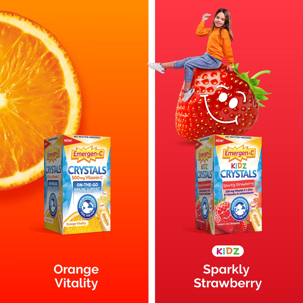 Emergen-C Kidz Vitamin C 250mg Crystals, Strawberry, 56 Packets | No Water Needed, B Vitamins for Energy, Zinc and Manganese, Easy Pouch Format, Kids Crystals