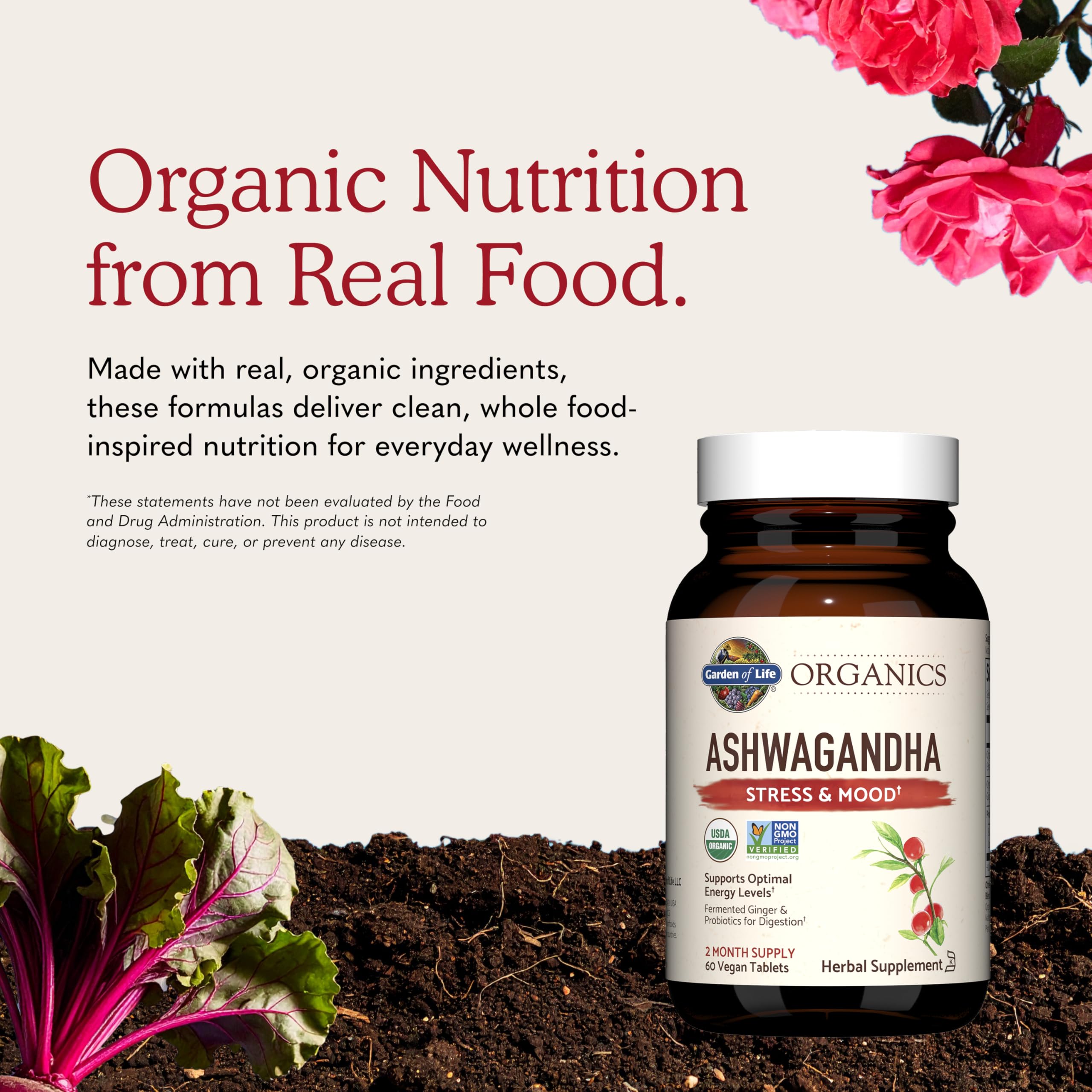 Garden of Life Organic Ashwagandha Supplement with Probiotics & Ginger - Stress, Mood & Energy Support, Vegan, Gluten Free, Non GMO, 2 Month Supply, 60 Tablets