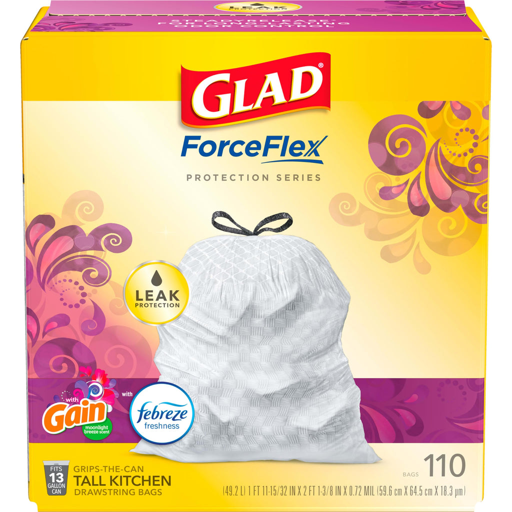 Glad ForceFlex Tall Kitchen Trash Bags, 13 Gal, Gain Moonlight Breeze, 110 Ct, Pack May Vary