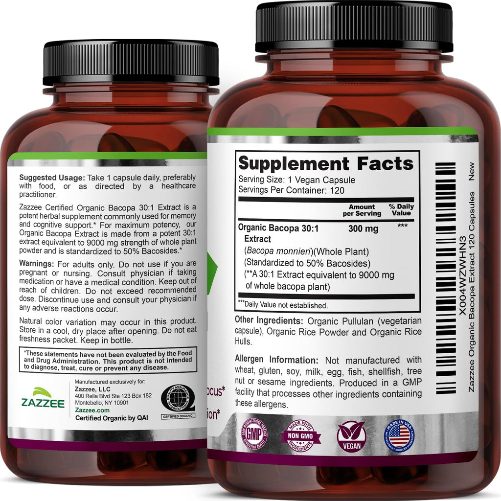 Zazzee USDA Organic Bacopa 30:1 Extract, 50% Bacosides, 120 Vegan Capsules