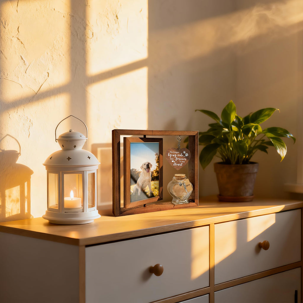 Dog Memorial Gifts for Loss of Pet - Rotating Wooden Frame for 4x6 Photo & Fur Hair Jar - Sympathy Gift for Pet Bereavement, Remembrance Keepsake - Rainbow Bridge Gift for Dog Lovers & Cat Lovers
