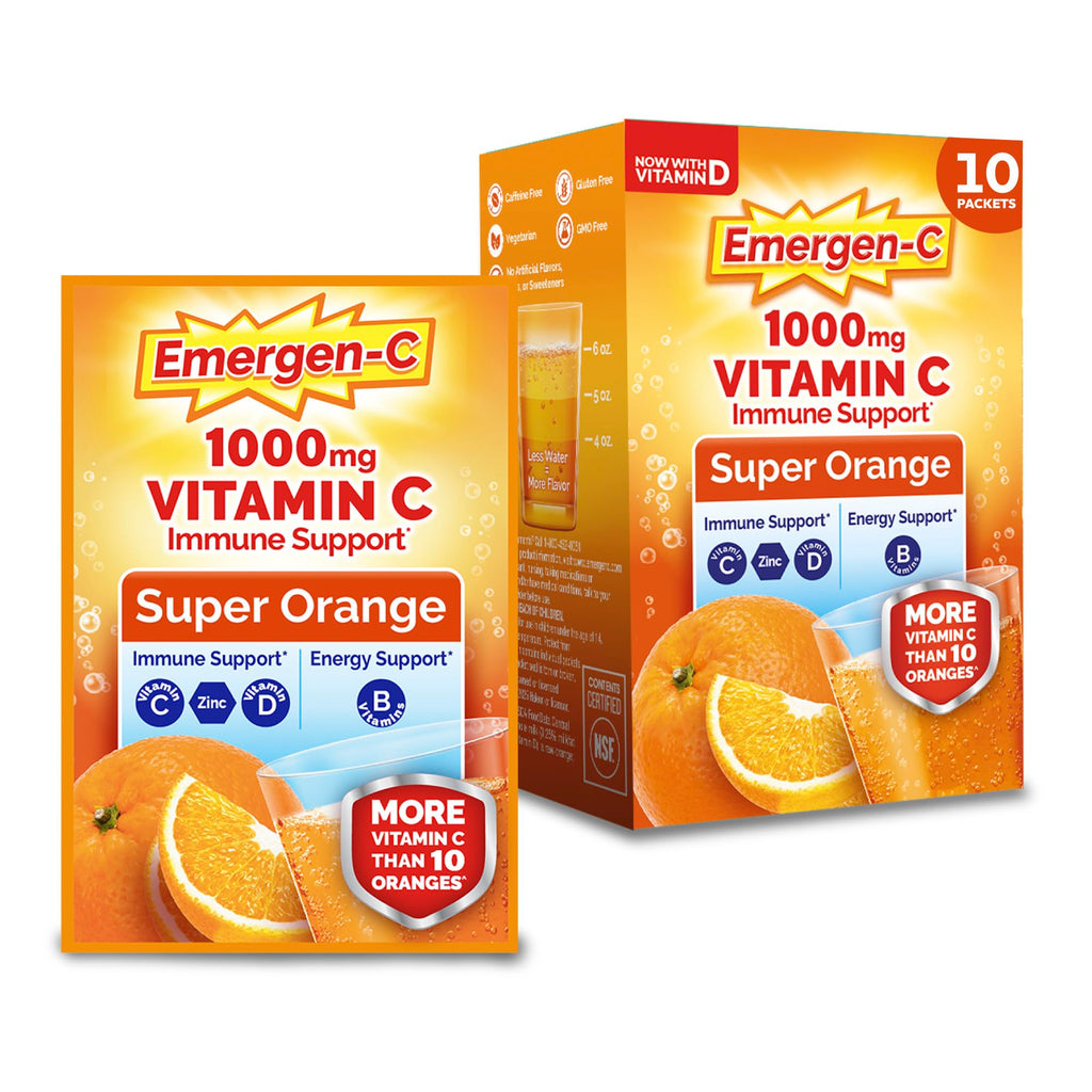 Emergen-C 1000mg Vitamin C Immune Support Powder, Super Orange, 10 ct | B Vitamins for Energy, Zinc and Manganese, Electrolytes, Natural Flavor, Caffeine Free, Portable