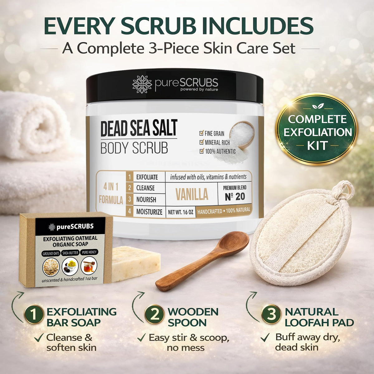 pureSCRUBS Premium Coconut Body Scrub set includes body scrub, soap, wooden spoon, and loofah pad. Order online and enjoy glowing skin!