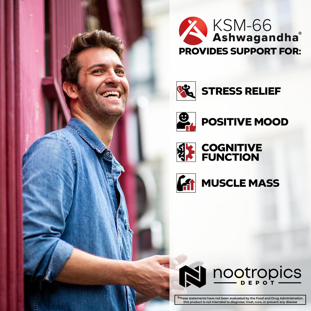 Nootropics Depot KSM-66 Ashwagandha Capsules | 300mg | 180 Count | Withania somnifera Extract | Ayurvedic Herb | Adaptogen Supplement | Stress + Promote Relaxation* | Energy, Memory + Focus*