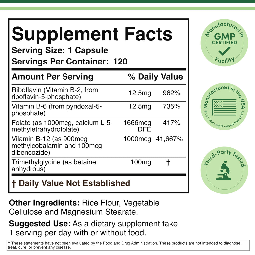 Methylated Multivitamin (Methylated and Activated Vitamins Only - Methylated B Complex with Trimethylglycine (TMG) and Methylfolate)(Non-GMO, Gluten Free MTHFR Supplement) 120 Capsules by Double Wood