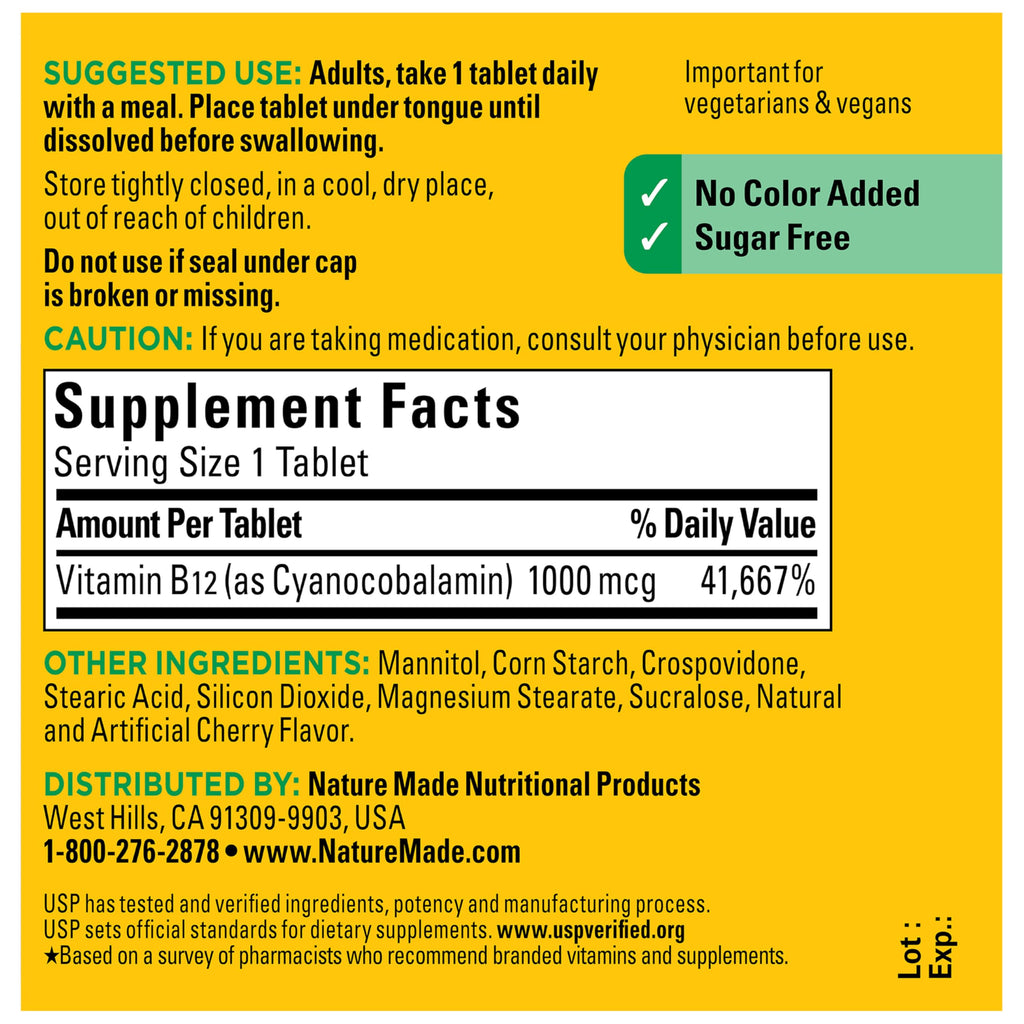 Nature Made Vitamin B12 1000 mcg Fast Dissolve Tablets, 150 Tablets | Easy to Take Vitamin B12 Sublingual Tablets for Energy Metabolism Support for Men and Women, Sugar Free, 150 Day Supply