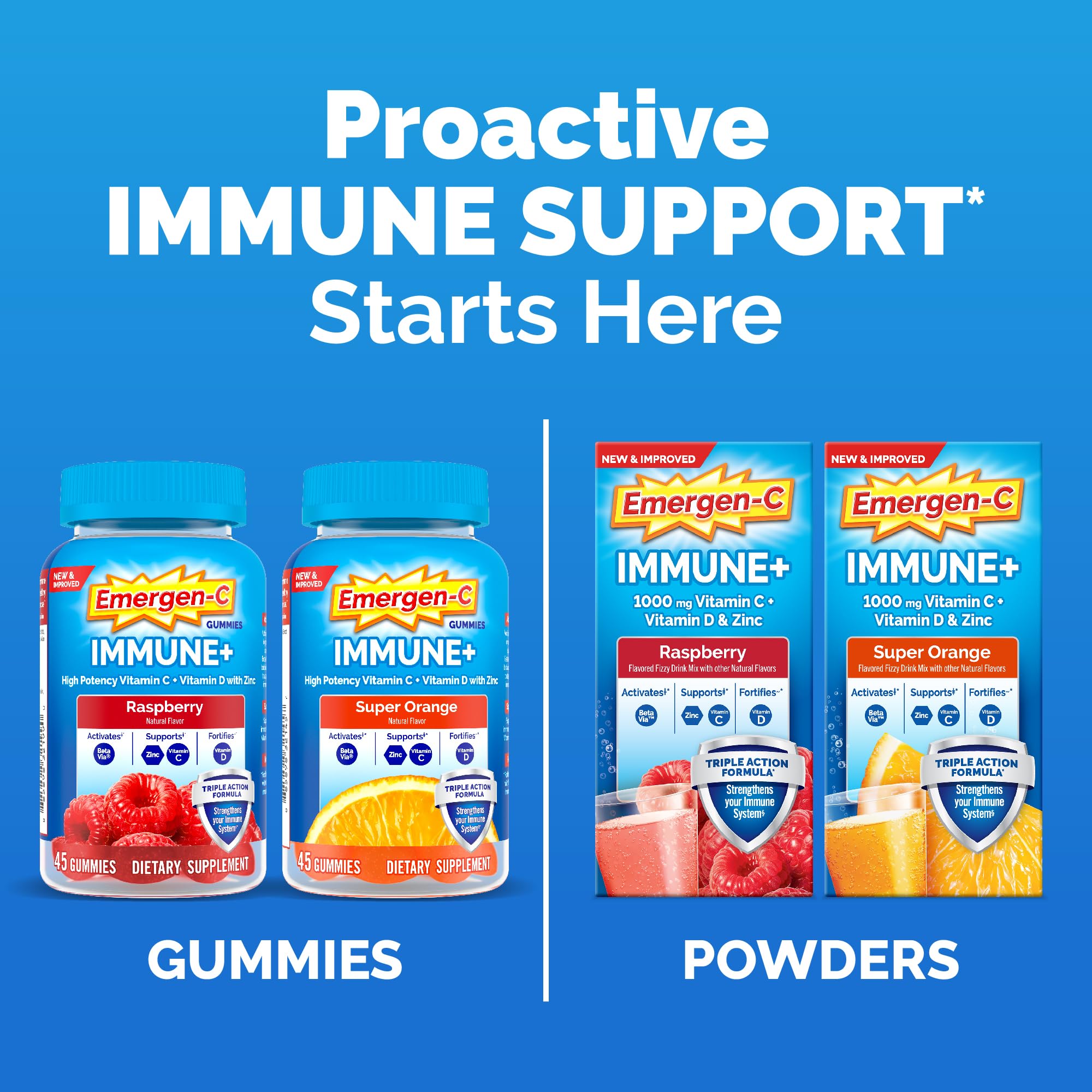 Emergen-C Vitamin C 750mg Immune Support Gummies, Orange, 45 Gummies | BetaVia Immune Plus, Vitamin D, B Vitamins, Zinc and Manganese, Triple Action, Chewable Gummies