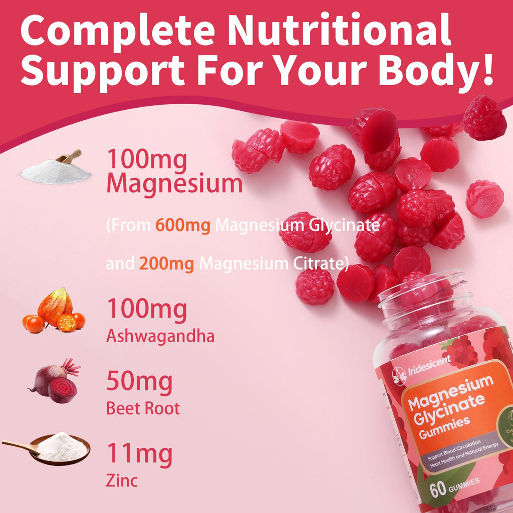 600mg Magnesium Glycinate Gummies, 120 Count | Magnesium Glycinate & Citrate Blend with Ashwagandha & Zinc, Sugar Free Vegan Cherry Gummies, 60-Day Supply