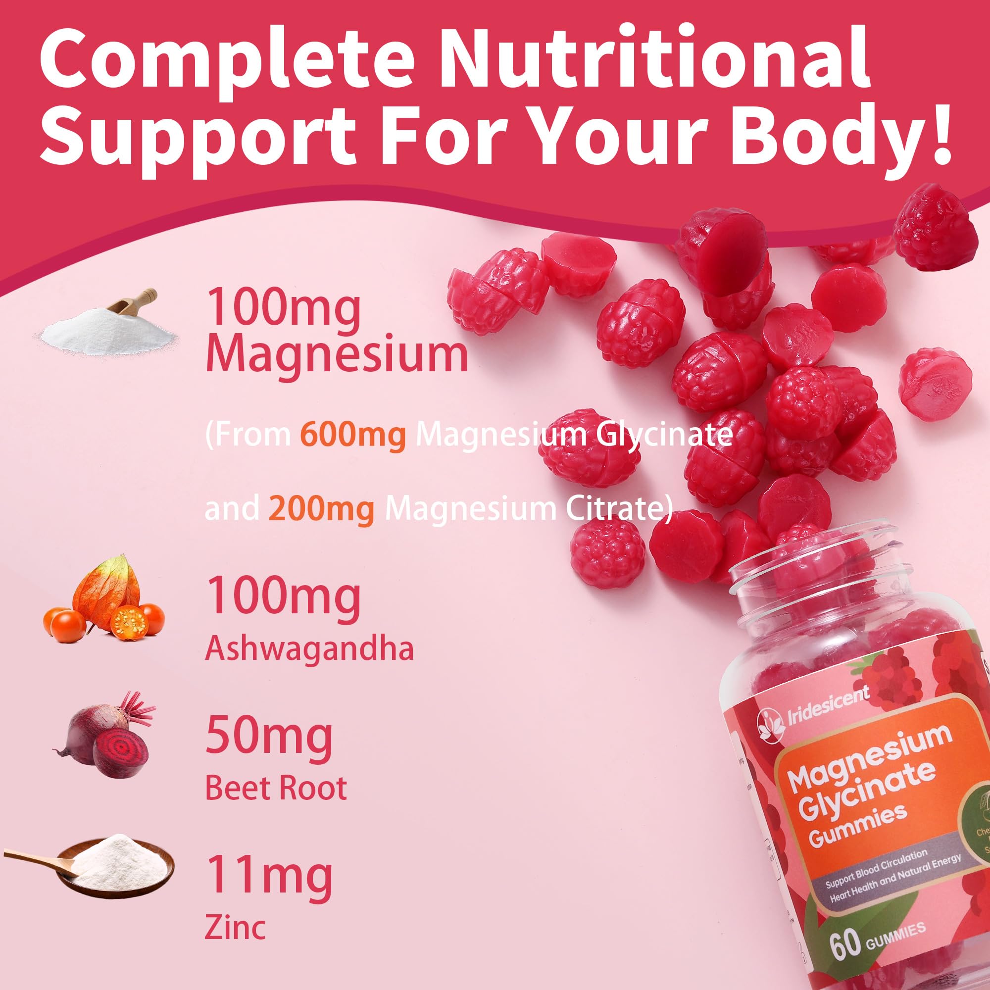 600mg Magnesium Glycinate Gummies, 120 Count | Magnesium Glycinate & Citrate Blend with Ashwagandha & Zinc, Sugar Free Vegan Cherry Gummies, 60-Day Supply