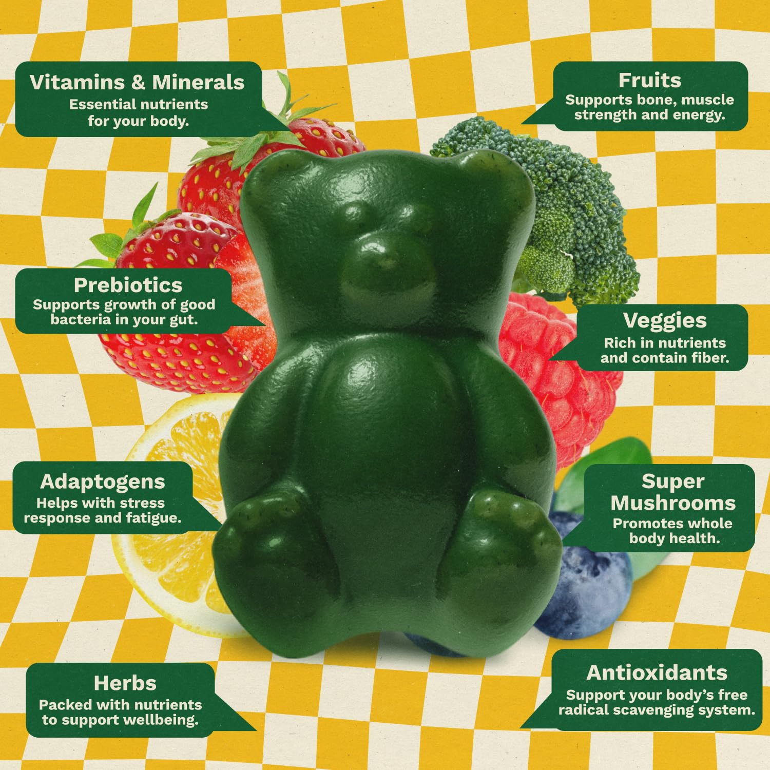Gruns Kids Multivitamin Kids Greens Gummies, 28 ct | Daily Supplement with Vitamins, Minerals, Adaptogens, and Prebiotic Fiber