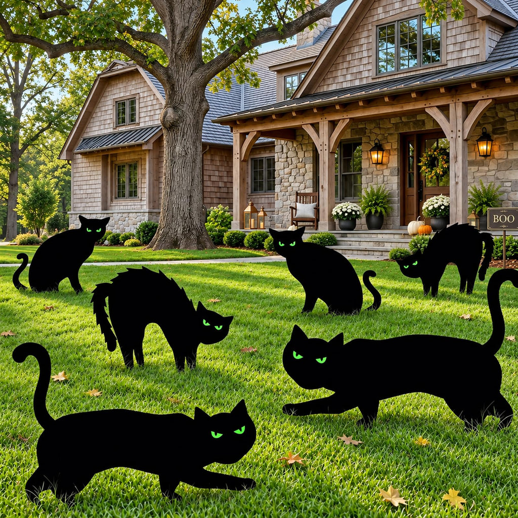 Halloween Decorations Outdoor, 6ct Black Cat Decor Yard Signs with Stakes, Scary Silhouette with Glow in Dark Eyes, Corrugated Plastic, Waterproof Lawn Decorations for Kids Family Home Party