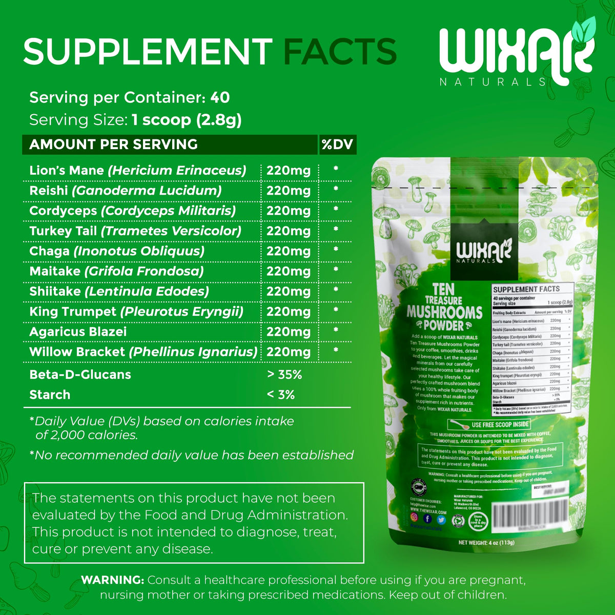 Wixar Mushroom Powder - Ten Treasure Mushrooms Extract Supplement 4oz