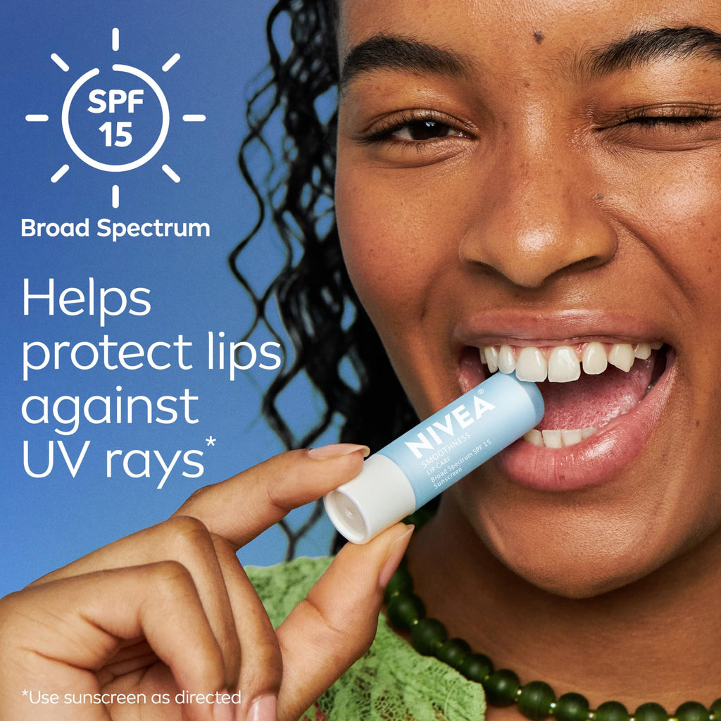 NIVEA Smoothness Lip Care, Sunscreen Lip Balm with SPF 15, 4 x 0.17 OZ | Sunscreen Lip Balm with SPF 15, Shea Butter, Nourishing Oils and Vitamins, 3-in-1 Moisture, Repair Dry Lips and Sunscreen