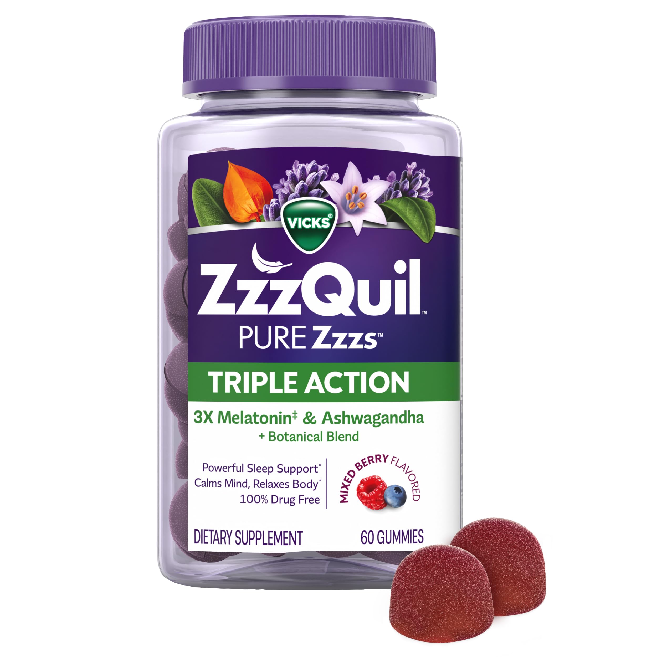 ZzzQuil PURE Zzzs Triple Action, Melatonin Gummies, Melatonin 6mg, 3X Melatonin, Sleep Aid with Ashwagandha, Calm Mood, Antioxidant Action, Sleep Aids for Adults, 60 Sleep Gummies
