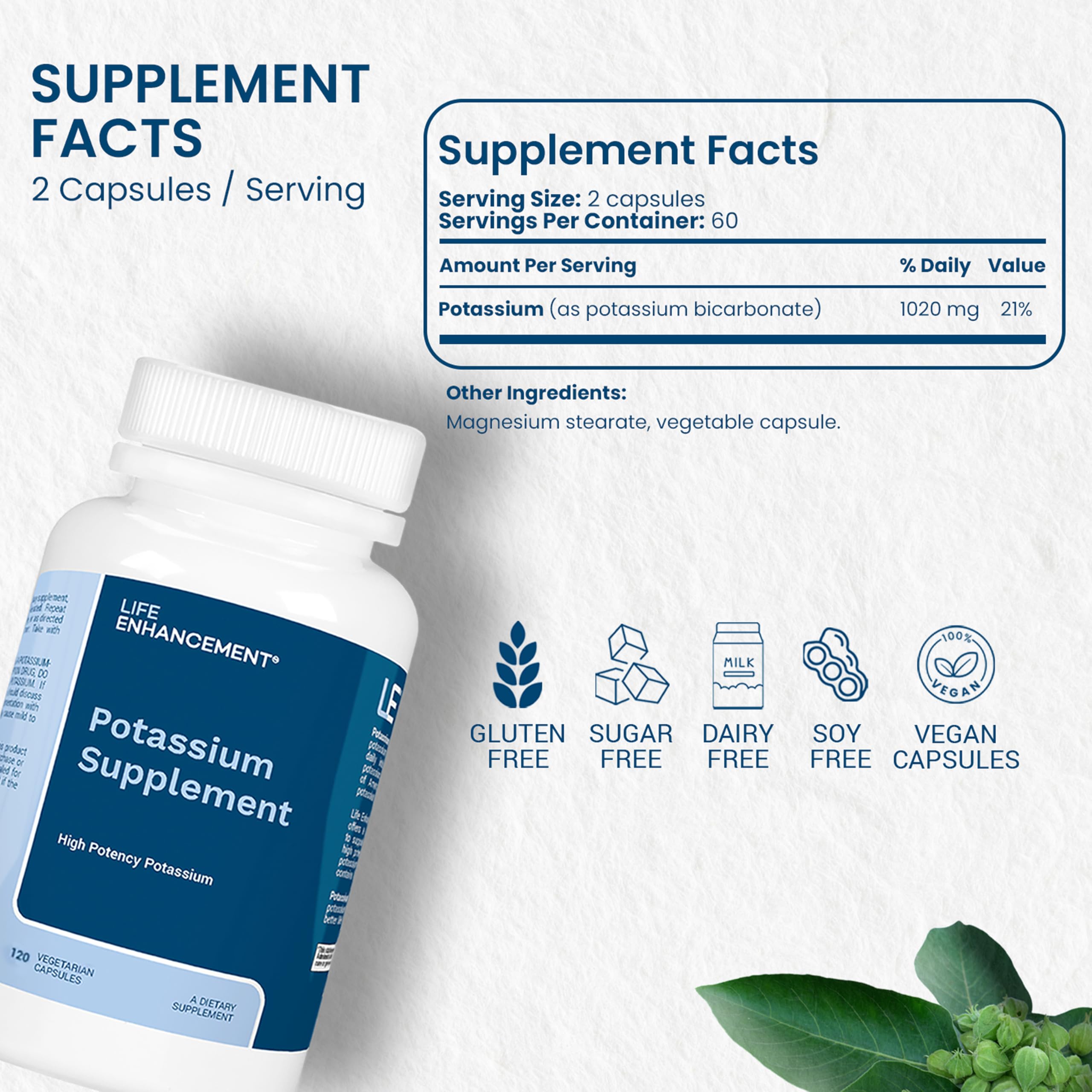 Life Enhancement High Potency 1020 mg Potassium Supplement for Muscle, Brain & Bone Health - No Additives High Absorption Elemental Potassium Supplement, Made in USA (120 Capsules – 60 Servings)
