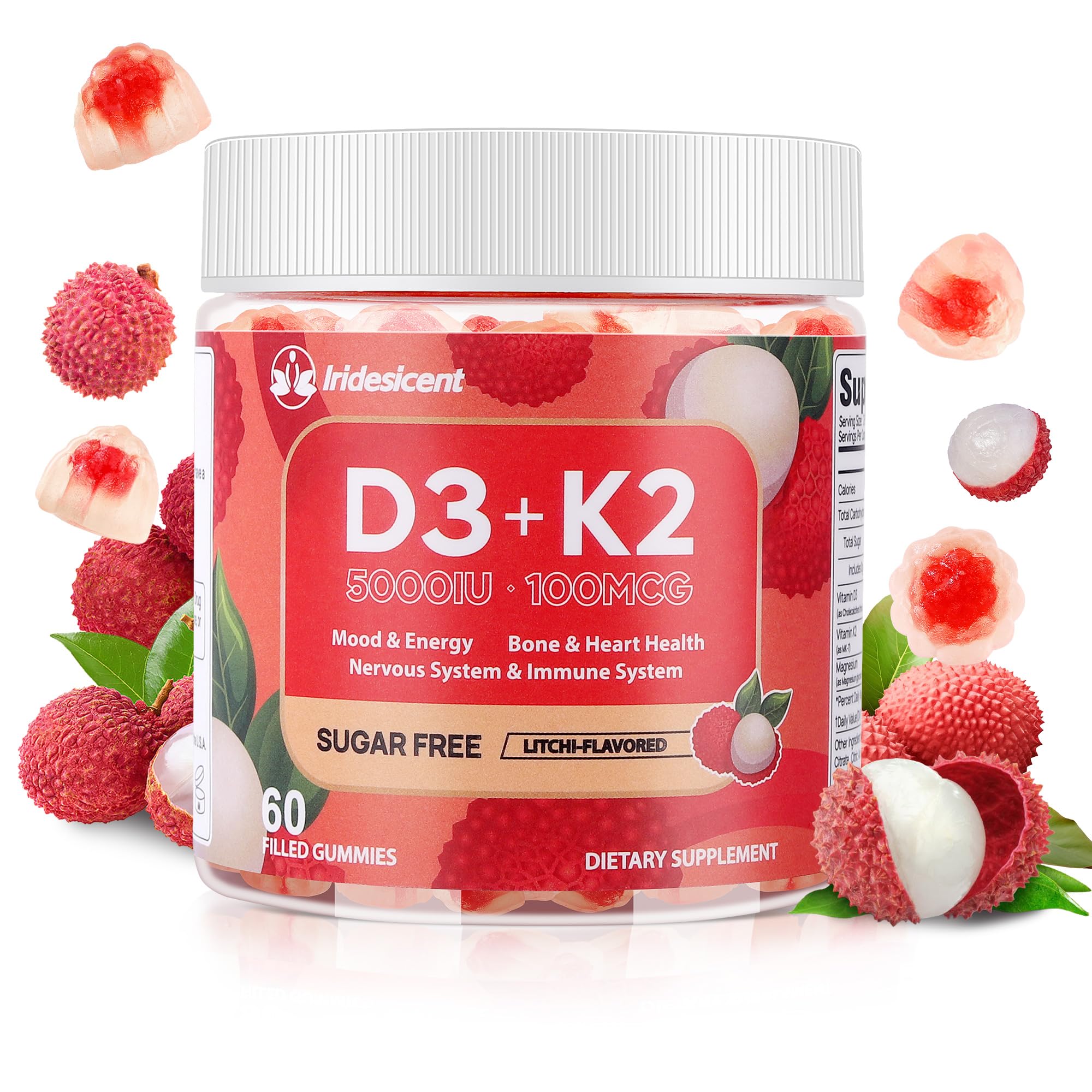 Vitamin D3 K2 Gummies, 5000 IU D3 + 100mcg K2, 90 Count | D3 K2 Supplement with MK-7, Sugar Free Vegan Gummies, Supports Bone Health for Adults, Lychee Flavor