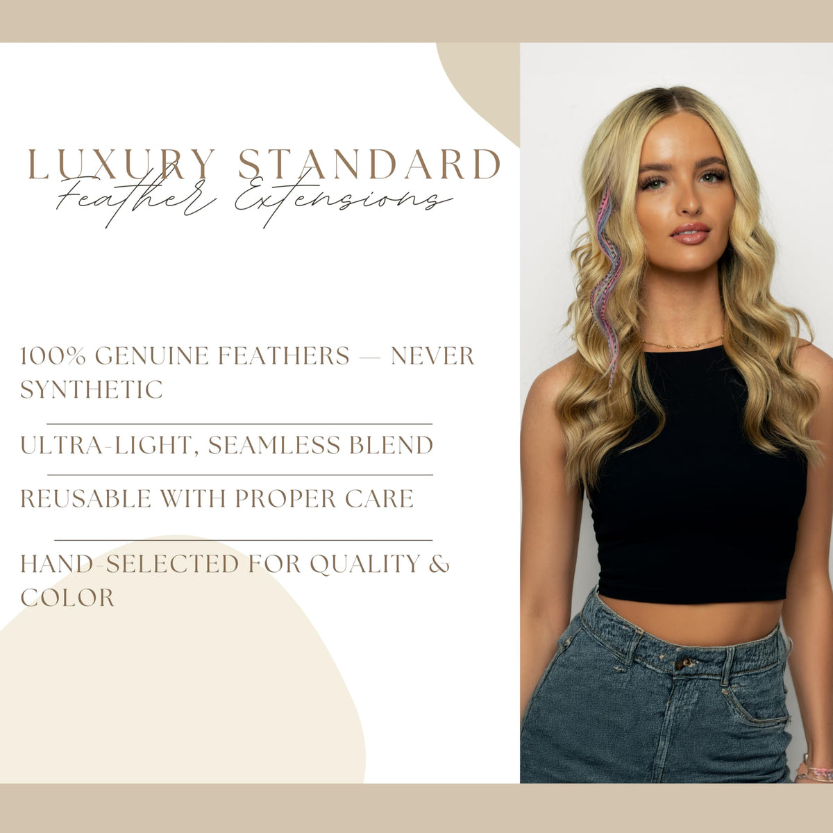 Luxury Standard 21 natural color hair extensions, featuring genuine feathers, ultra-light design, and reusable quality, verified by CuratCart.