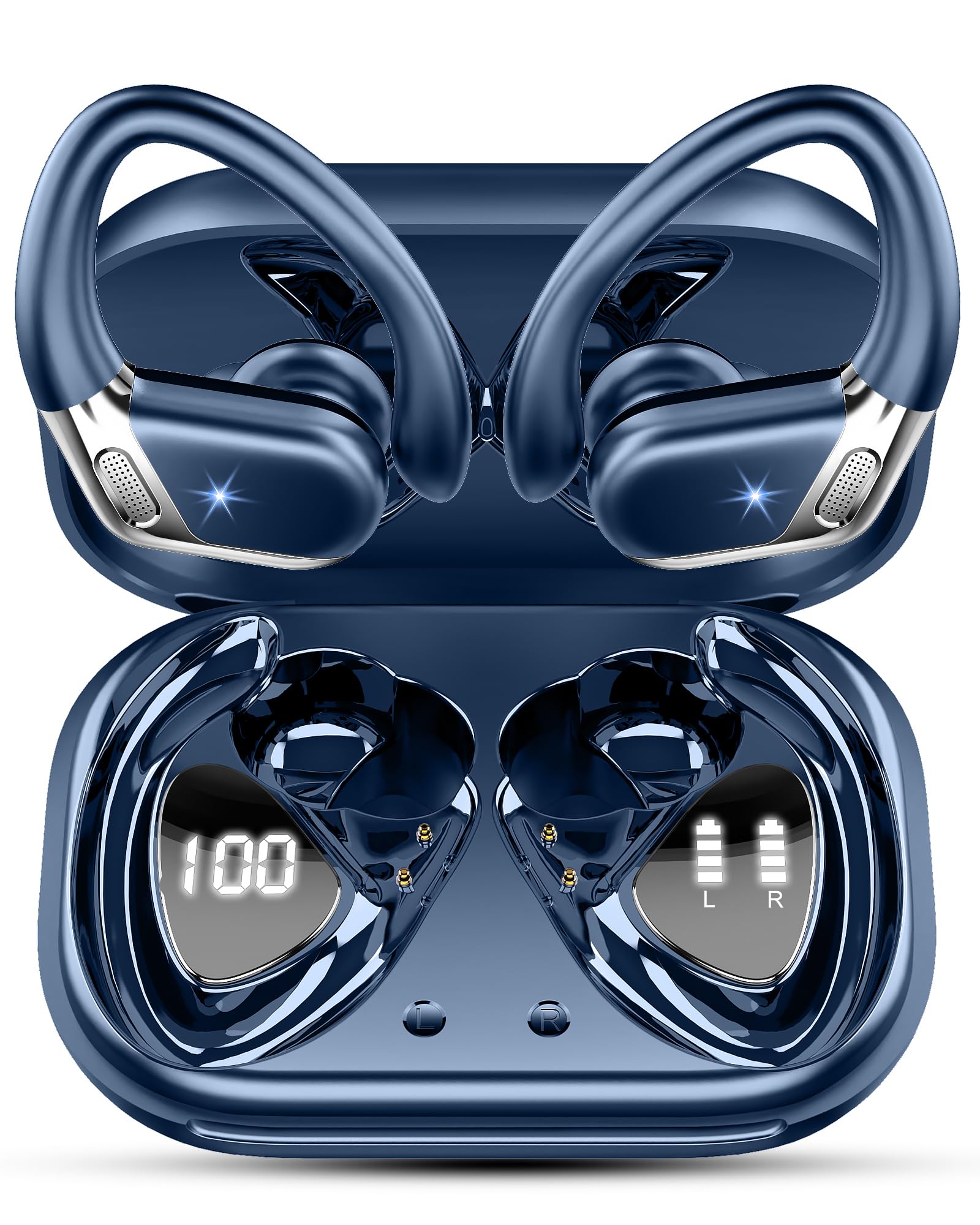 Buy now Ltinist Wireless Earbud, Bluetooth 5.3 Headphones Pure Bass Sound with Earhooks, 75H Battery Over Ear Headphones with Dual-LED Display, IP7 Waterproof Earphones Built-in Microphone for Running Sports Dark blue at indiglob india