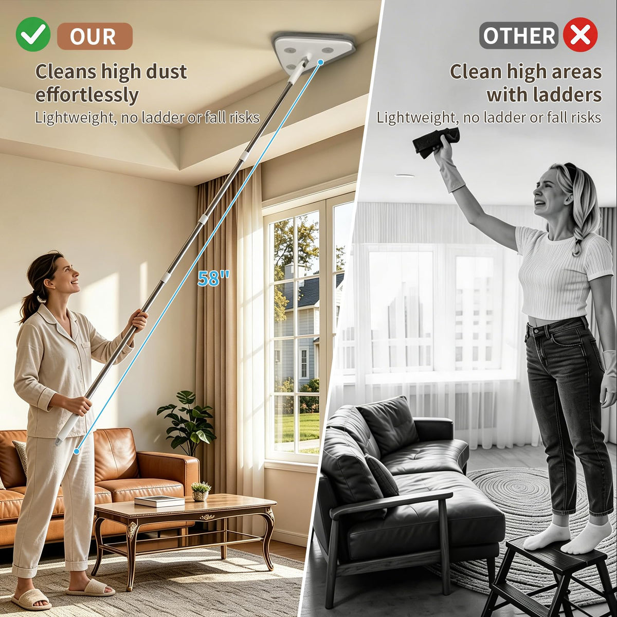 Wall Cleaner Mop with Long Handle, Baseboard Cleaner Tool with Extension Pole & Squeegee, 3-in-1 Ceiling Cleaning Tool Duster with 3 Microfiber and 3 Chenille Pads for Washing Window, Floor, Cabinet