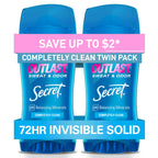Secret Outlast Antiperspirant Deodorant for Women, 72hr Sweat & Odor Protection, PH Balancing Minerals, Invisible Solid, Completely Clean Scent, 2.6 oz (Pack of 2)