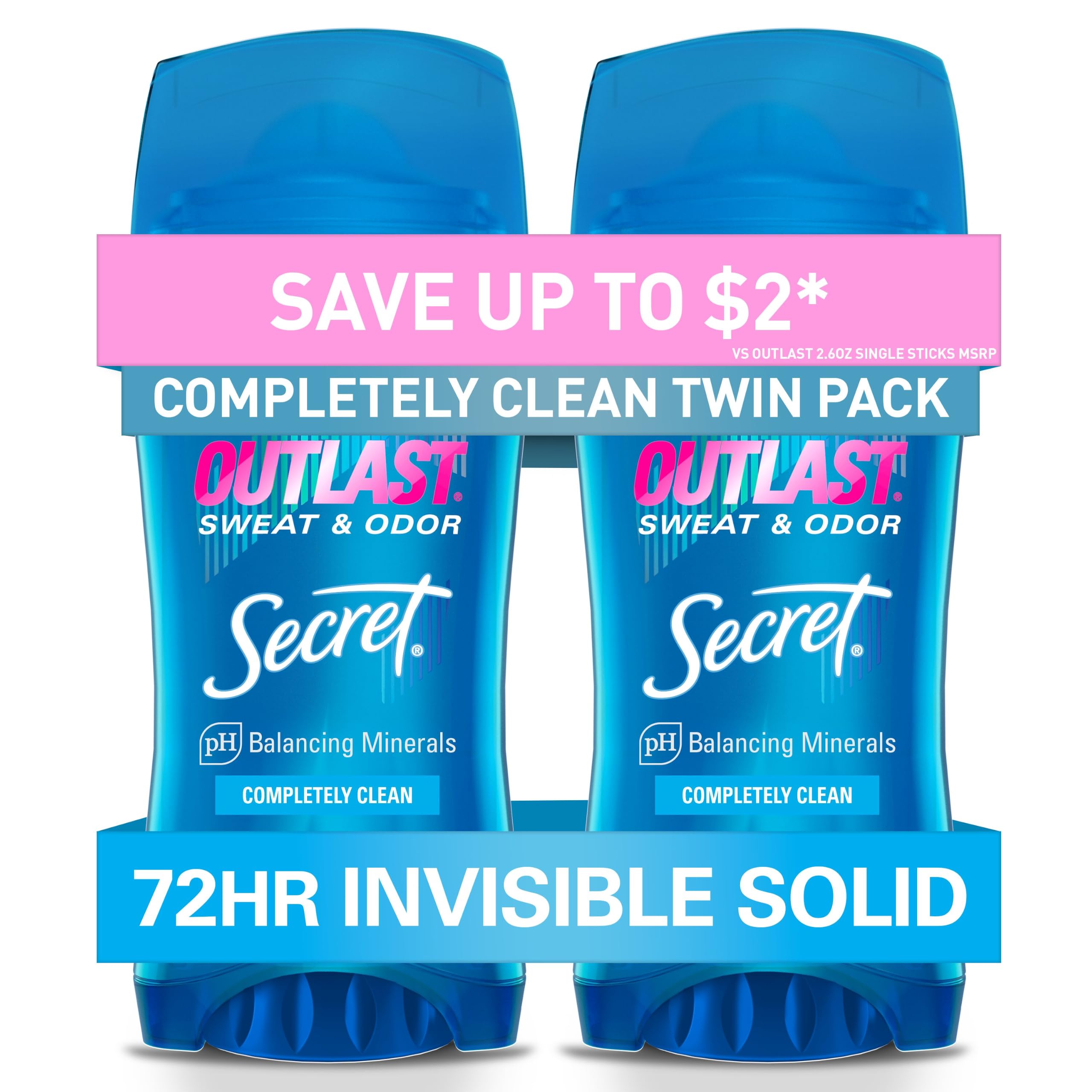 Secret Outlast Antiperspirant Deodorant for Women, 72hr Sweat & Odor Protection, PH Balancing Minerals, Invisible Solid, Completely Clean Scent, 2.6 oz (Pack of 2)