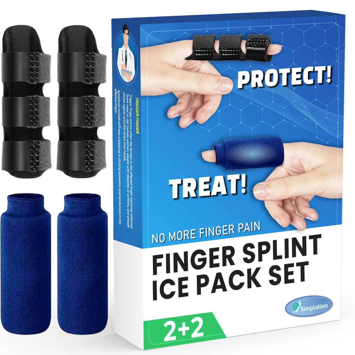 Simplation Trigger Finger Splint and Ice Pack (2+2 Set) for Pain Relief