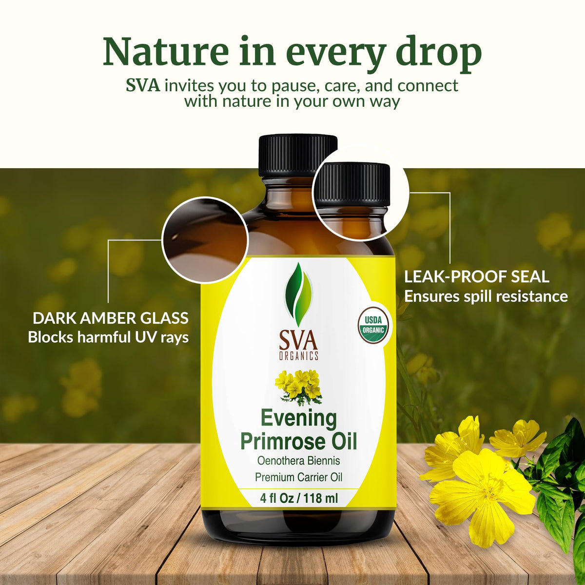SVA ORGANICS Evening Primrose Carrier Oil with Dropper, 4 Fl Oz (118 ml)