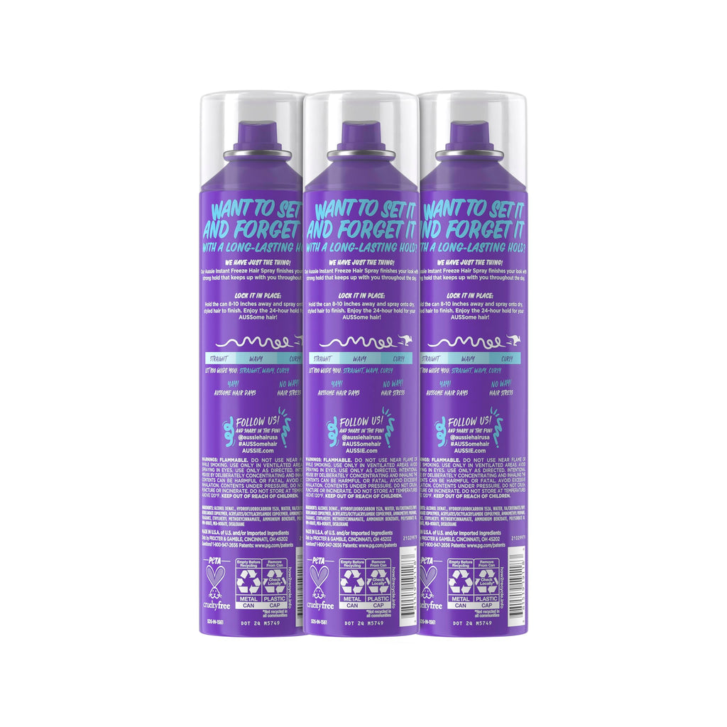 Aussie Instant Freeze Hair Spray for Extreme Hold, Long-Lasting All-Day Fresh Citrus Scent, Safe for All Hair Types, 10 Fl Oz, 3 Pack