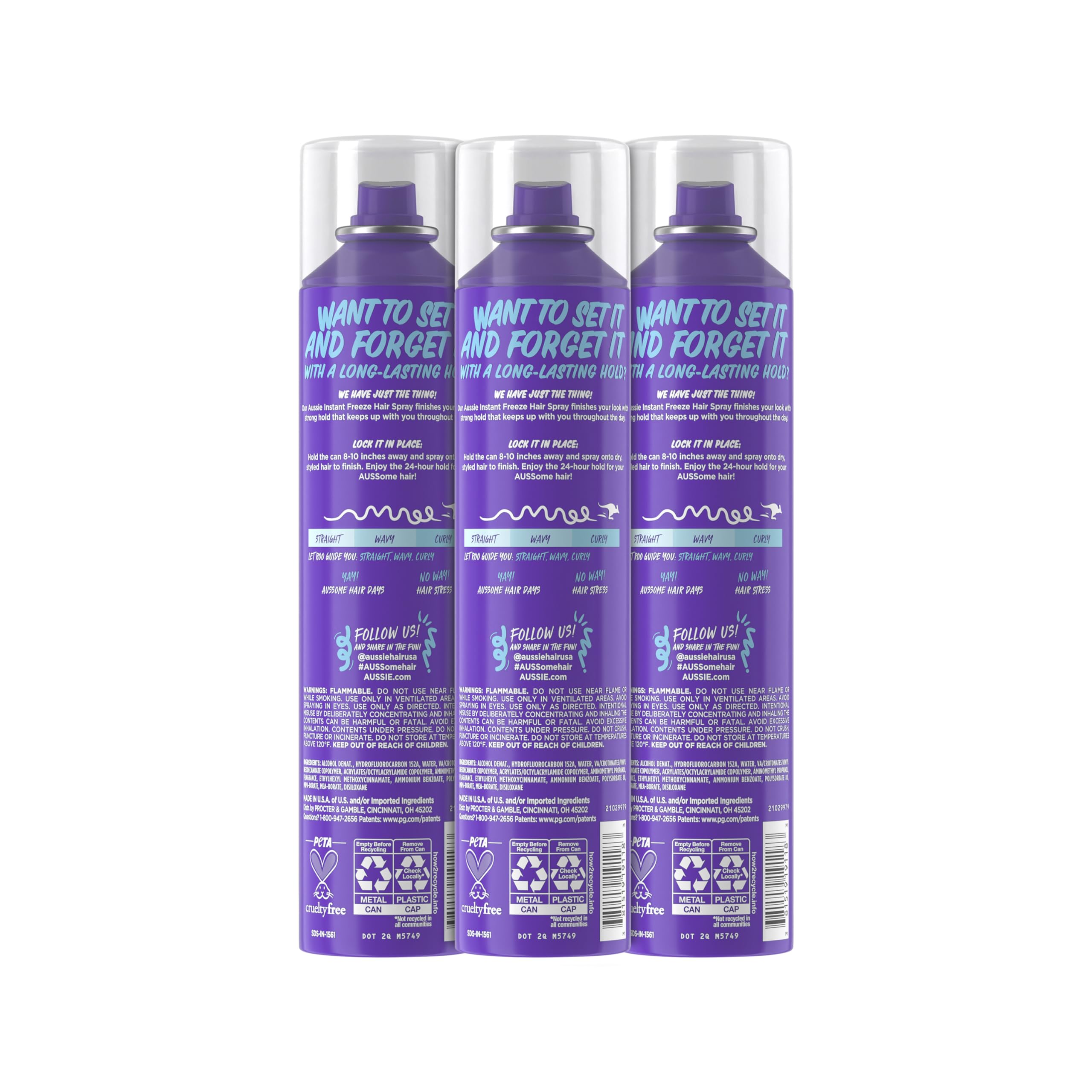 Aussie Instant Freeze Hair Spray for Extreme Hold, Long-Lasting All-Day Fresh Citrus Scent, Safe for All Hair Types, 10 Fl Oz, 3 Pack