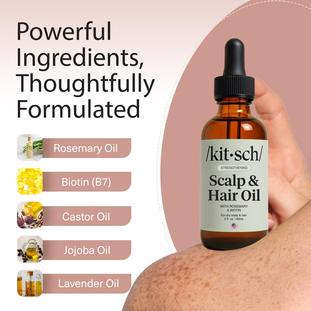 Kitsch Rosemary Oil for Hair Growth -With Castor Oil, Biotin & Jojoba- 60mL | Pre-Wash Hair Oil For Hair Care – Adds Shine, Strengthens Roots, Scalp Treatment – Lavender Scent