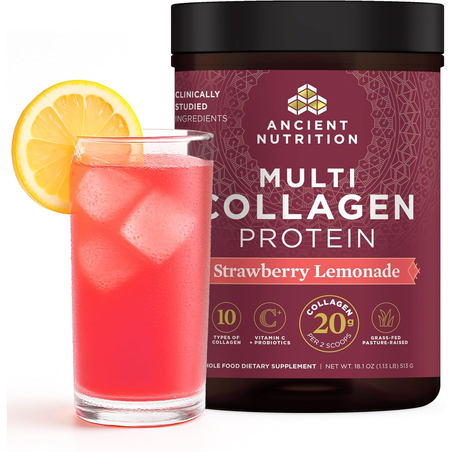 Buy now Ancient Nutrition Collagen Powder Protein with Probiotics, Unflavored Multi Collagen Protein with Vitamin C, 45 Servings, Hydrolyzed Collagen Peptides Supports Skin and Nails, Gut Health, 16oz 45 Servings Strawberry Lemonade at indiglob india