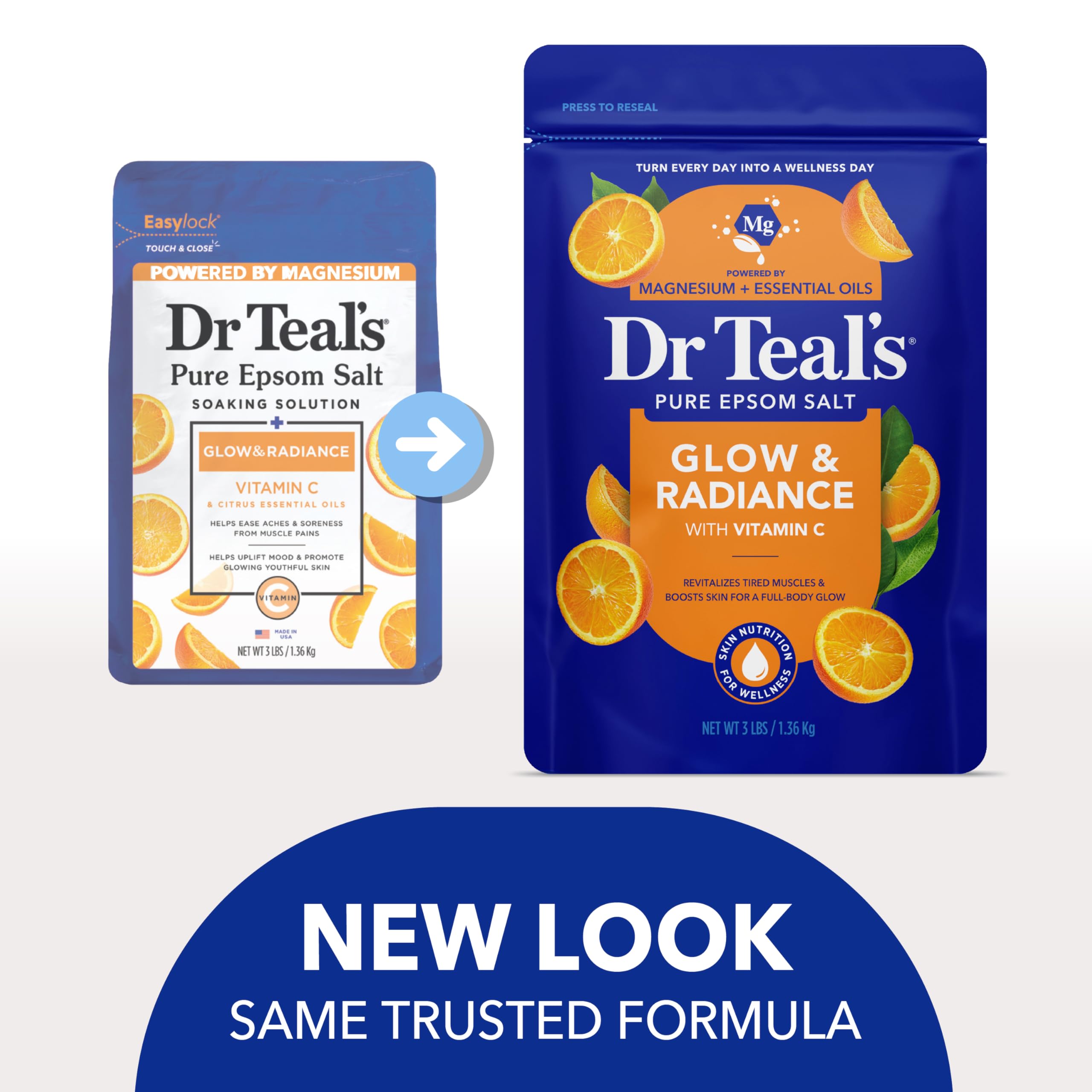 Dr Teal's Pure Epsom Magnesium Salt Soak, Glow & Radiance with Vitamin C & Citrus Essential Oils, 3 lbs