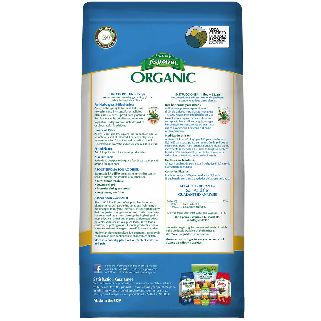 Espoma Organic Soil Acidifier Amendment; Lowers Soil pH and Turns Hydrangeas Blue! Contains Elemental Sulfur and can be Used for Organic Gardening 6 lb. Bag - Pack of 1
