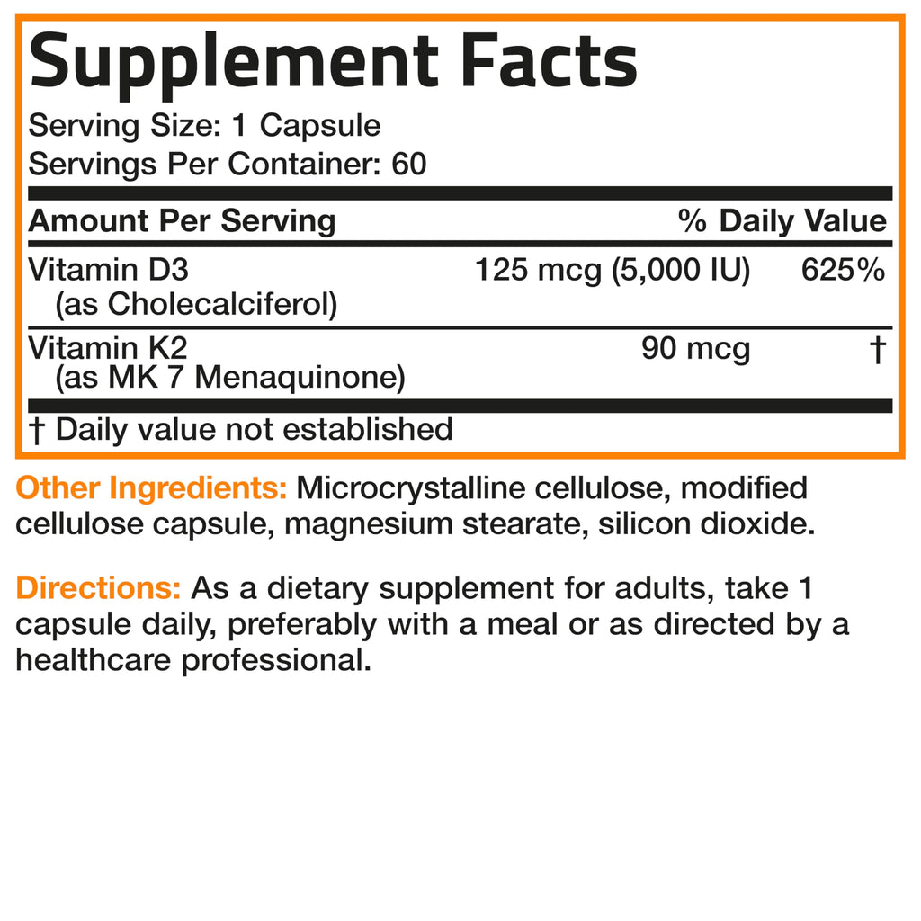 Bronson Vitamin K2 D3 (MK7) Supplement 2-in1 D3 & K2 Complex, 60 Capsules | Bone, Immune & Heart Health Support, Gluten Free, Soy Free, Non-GMO, Vitamin D3 5000IU (125 mcg) & 90 mcg K2 MK-7