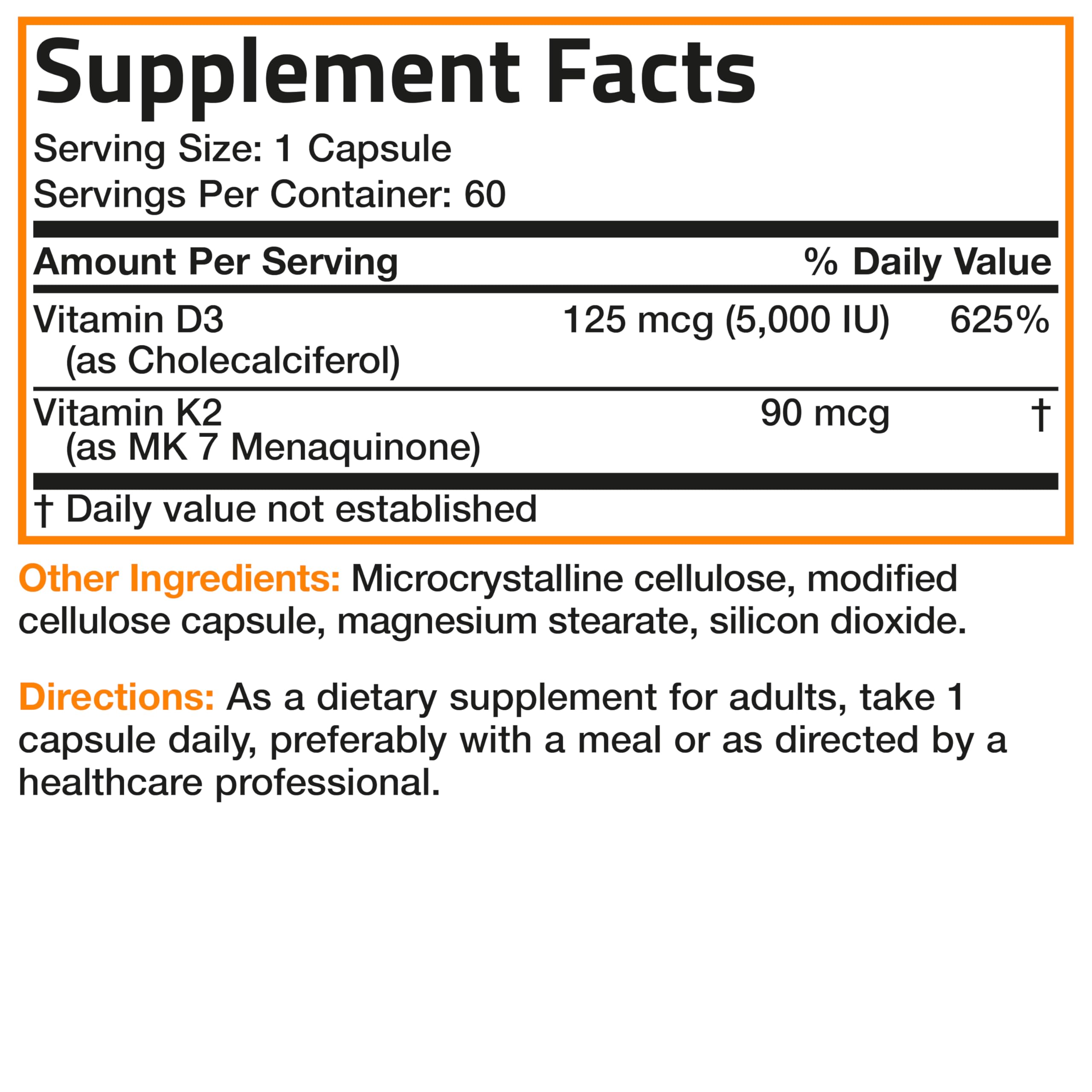 Bronson Vitamin K2 D3 (MK7) Supplement 2-in1 D3 & K2 Complex, 60 Capsules | Bone, Immune & Heart Health Support, Gluten Free, Soy Free, Non-GMO, Vitamin D3 5000IU (125 mcg) & 90 mcg K2 MK-7