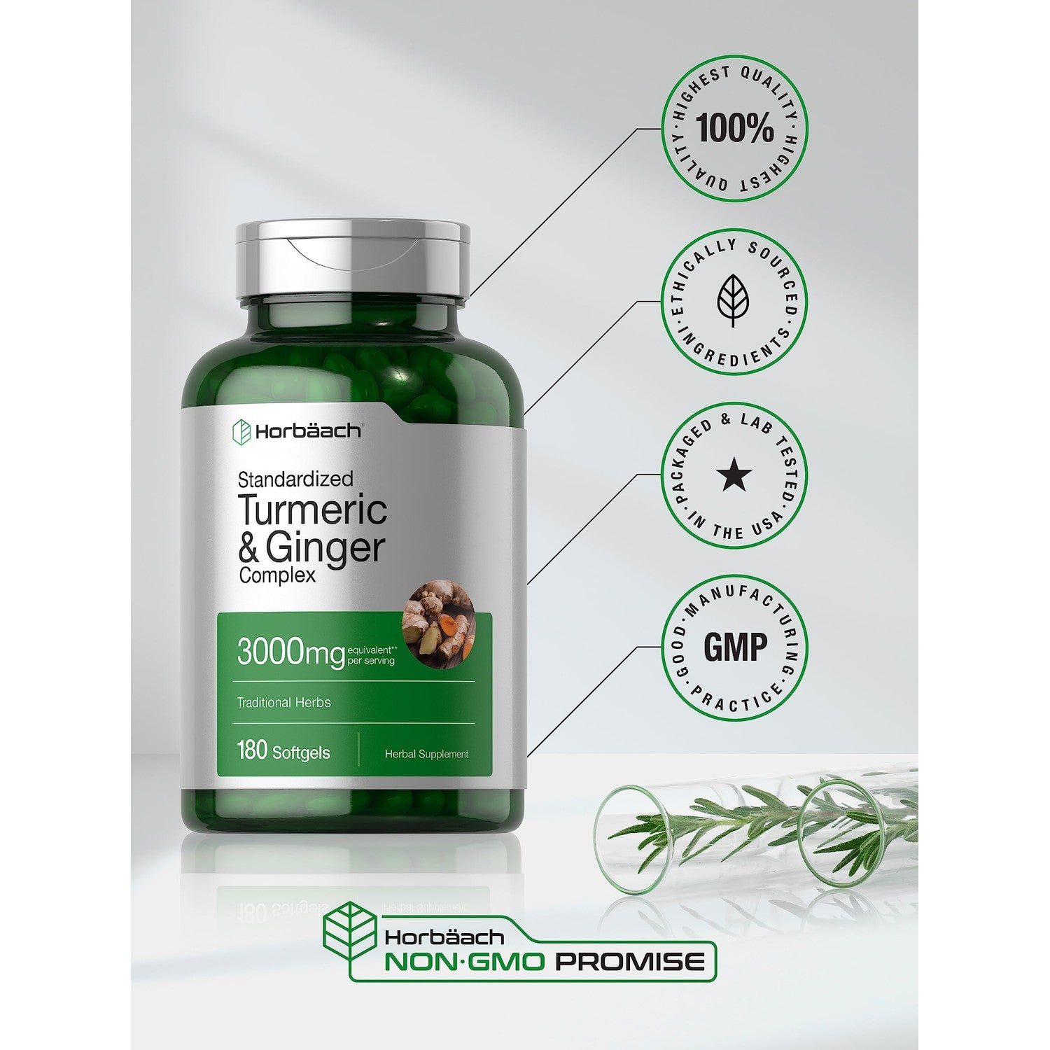 Horbäach Turmeric and Ginger Supplement | 180 Softgel Pills | with Black Pepper Extract | Non-GMO, Gluten Free Supplement