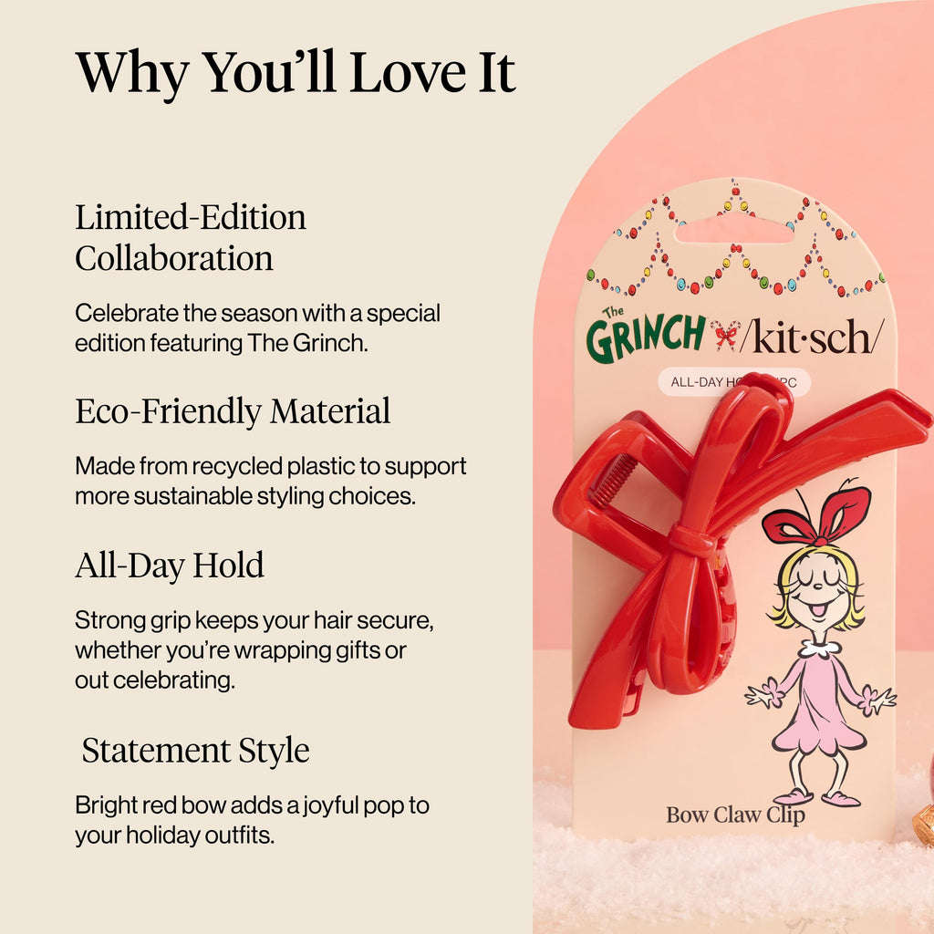 Buy now The Grinch x Kitsch Bow Hair Claw Clip for Women â€“ Strong Hold for Thick or Thin Hair | Glossy Red Hair Clip for Everyday Hairstyle | Ideal Gifts for Women - 1 pc at indiglob india