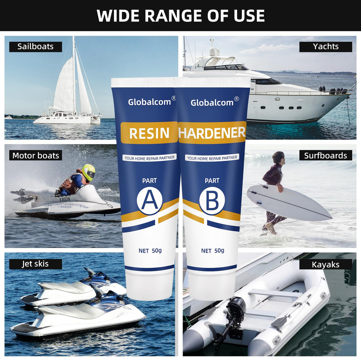 Globalcom Fiberglass Boat Repair Kit White, Gel Coat Repair Kit for Boats