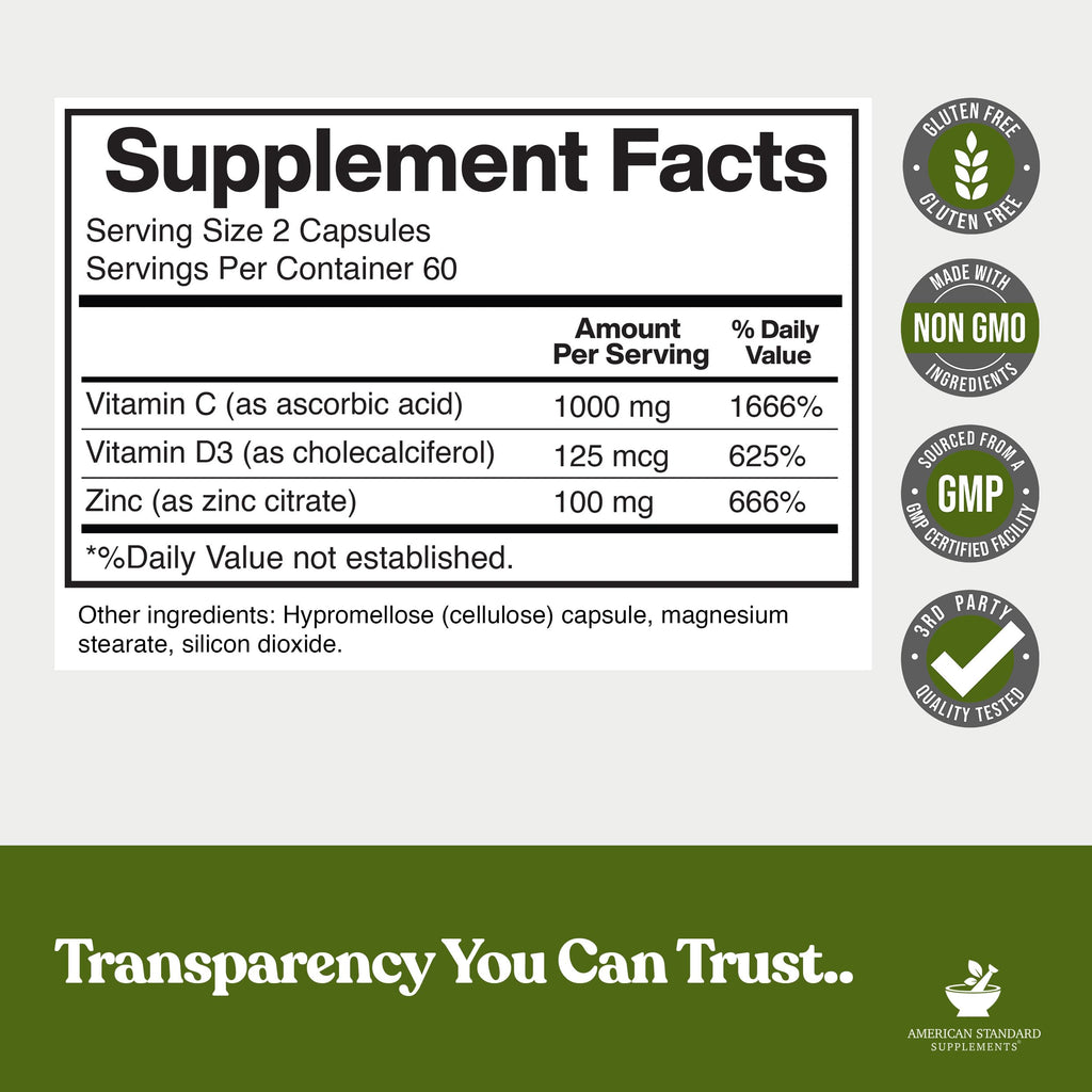 American Standard Supplements Zinc 100mg, Vitamin C 1000mg, and Vitamin D3 5000 IU (125mcg) Per Serving - Gluten Free, Non-GMO, 120 Capsules, 60 Servings