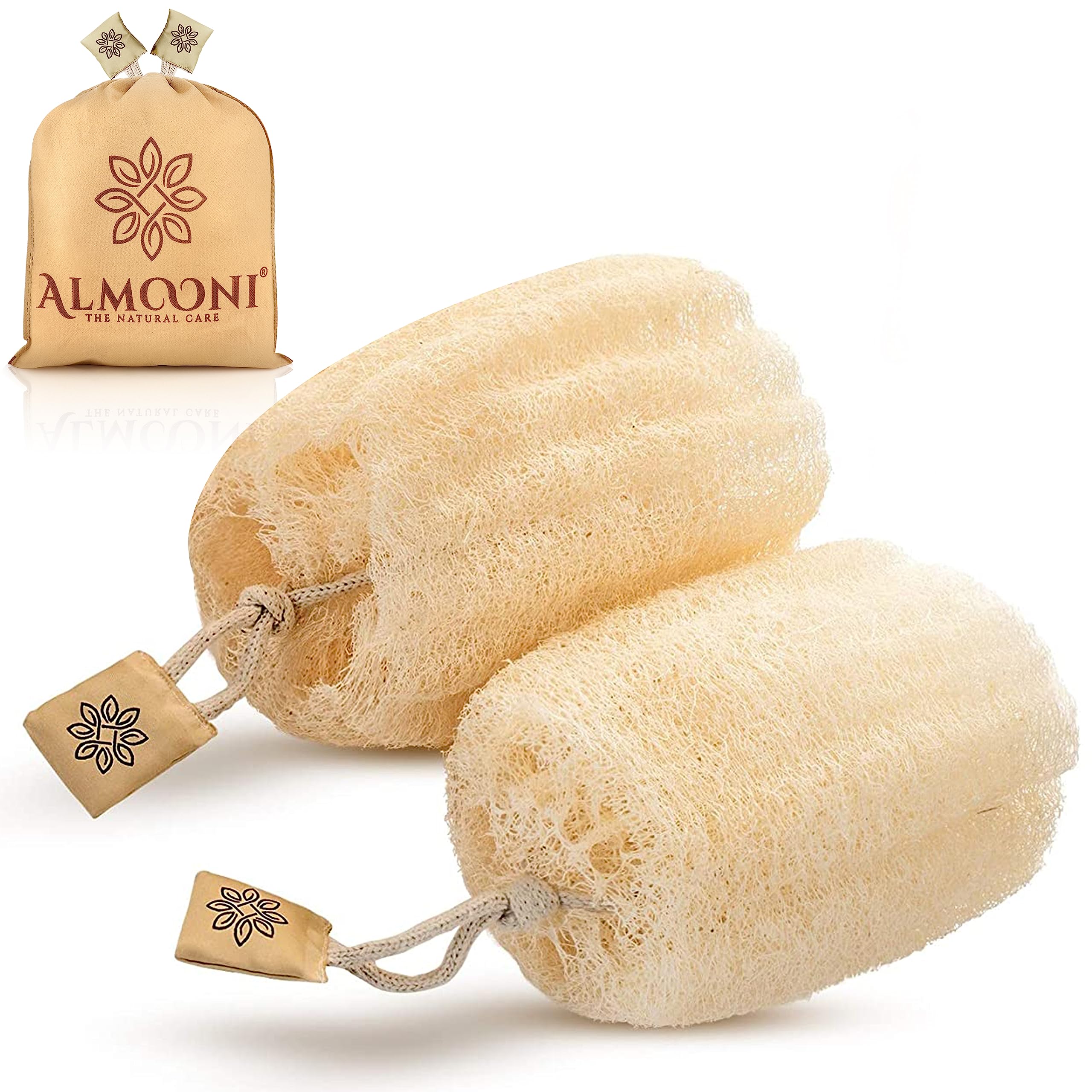 ALMOONI Natural Loofah Body Scrubber, Egyptian Loofah Sponge, 3 Count | Natural Egyptian Loofah Sponge, Round Shape Shower Sponge for Face & Body, Men & Women, Gentle Exfoliation, Large Size