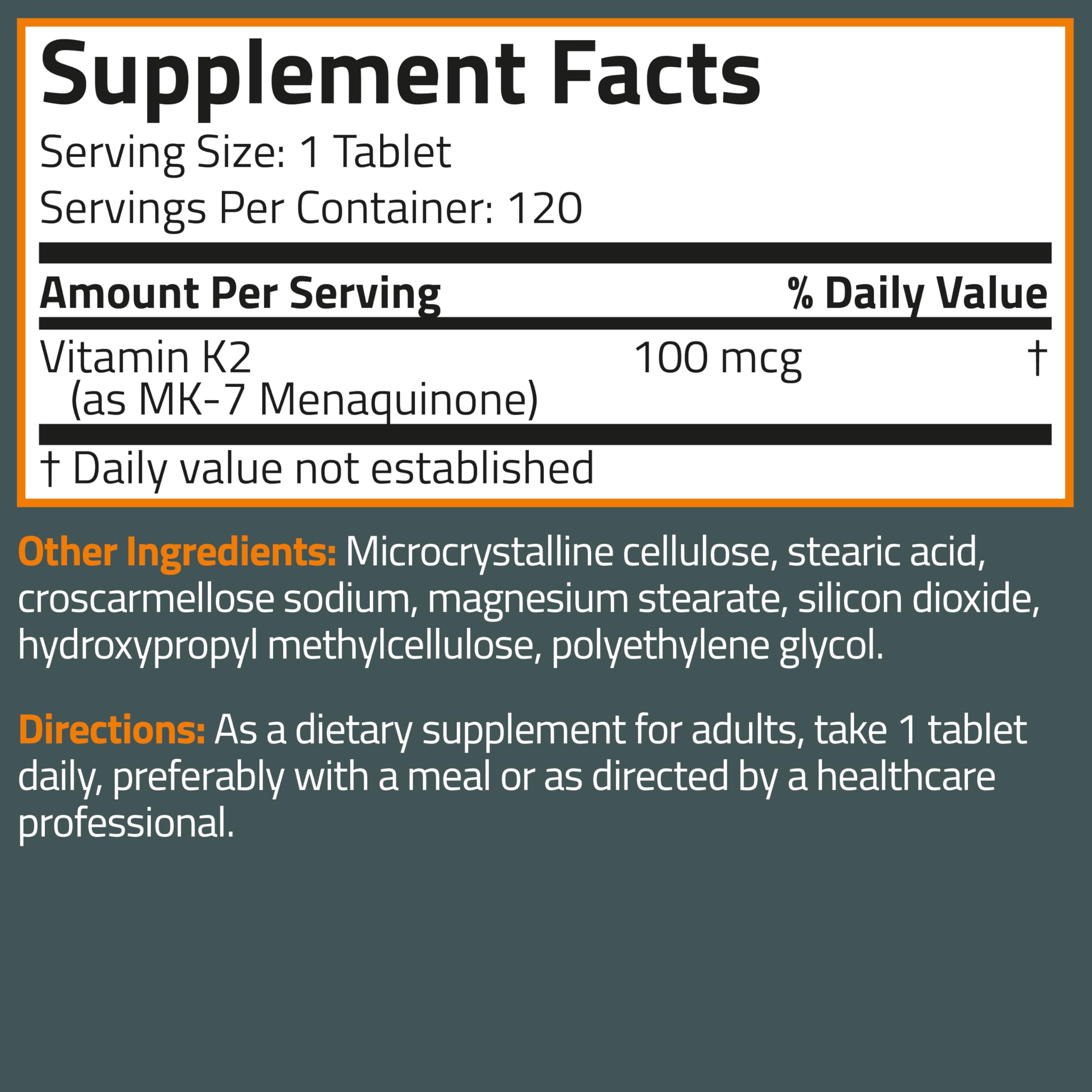 Bronson Vitamin K2 MK-7 100 mcg, K2 as MK7 Menaquinone, 120 Tablets | Helps Transport Calcium to Bones, Biologically Active Longer than Vitamin K1, Non-GMO, Gluten-Free & Soy-Free