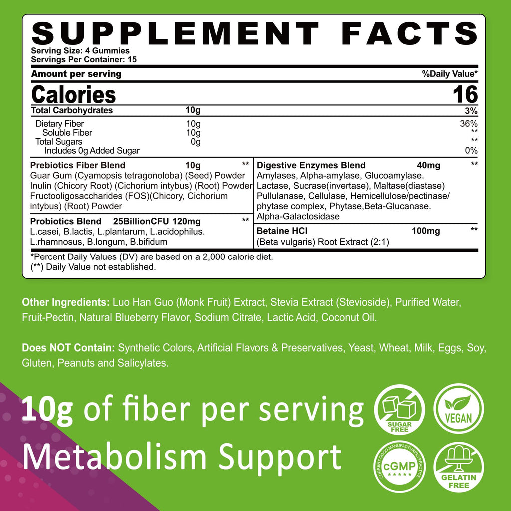 Fiber Gummies for Adults, GLP-1 Friendly 10g Prebiotic Fiber Gummies, 60Cts | Fiber Supplement + Enzymes, Probiotics & Betaine for Digestive & Gut Health and Regulate Bowel Movement, Vegan, Sugar Free