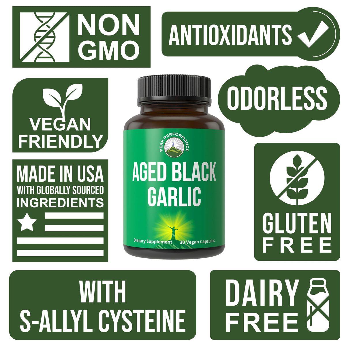 Peak Performance Aged Black Garlic Capsules. Raw Vegan Pure Odorless