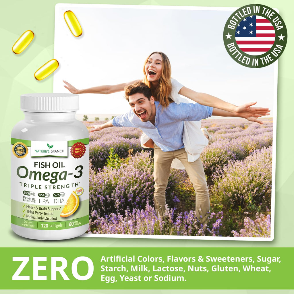 Triple Strength Omega 3 Fish Oil for Heart Health, Brain & Eyes – Burpless | High EPA & DHA Fish Oil for Men & Women, Lemon Flavor, Third Party Tested, Omega 3 Supplements for Joints – 120 Capsules