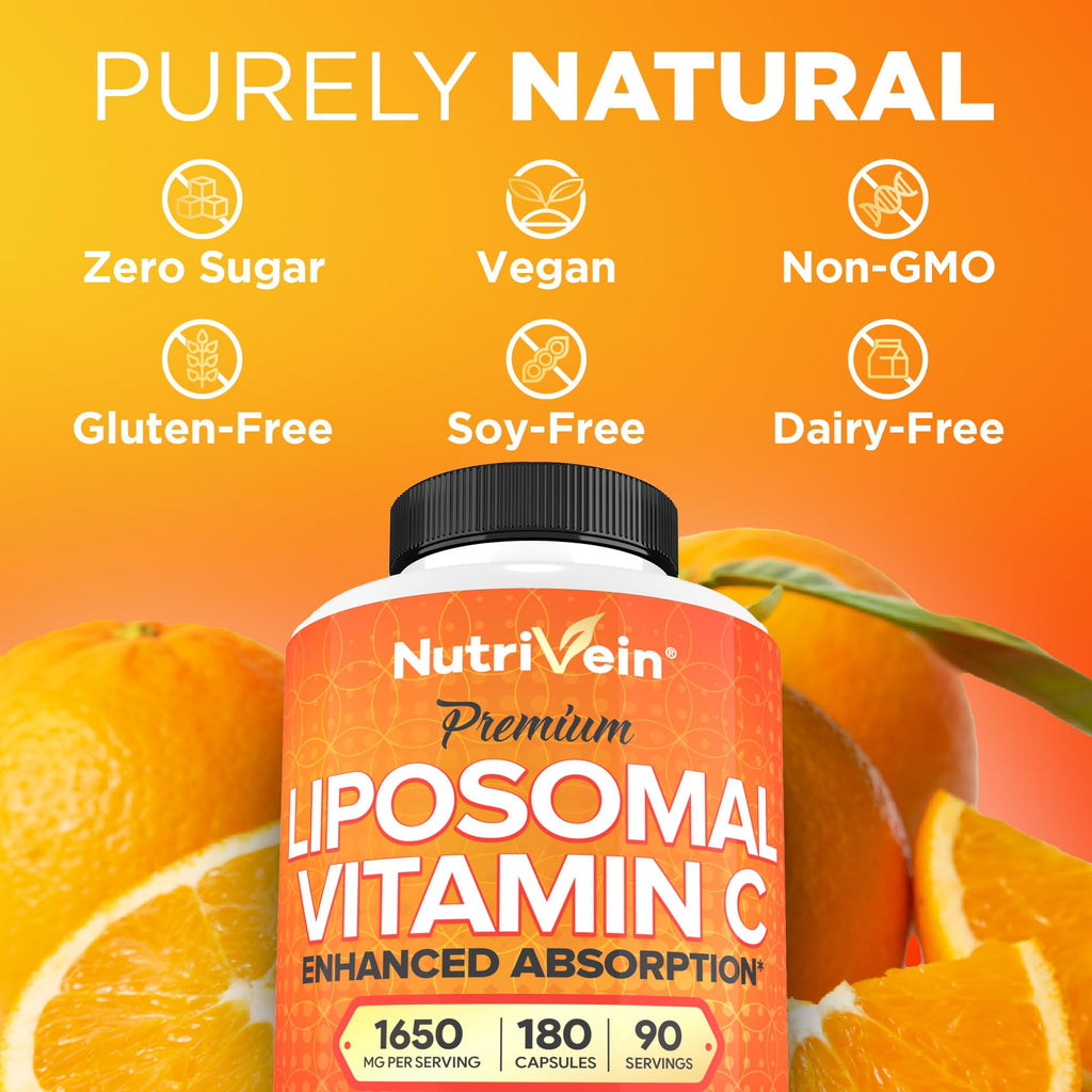 Nutrivein Liposomal Vitamin C Supplement 1650 mg - 180 Capsules, High Dose | High-absorption liposomal delivery for men and women. Supports whole-body defenses, skin, and overall well-being. Non-GMO.