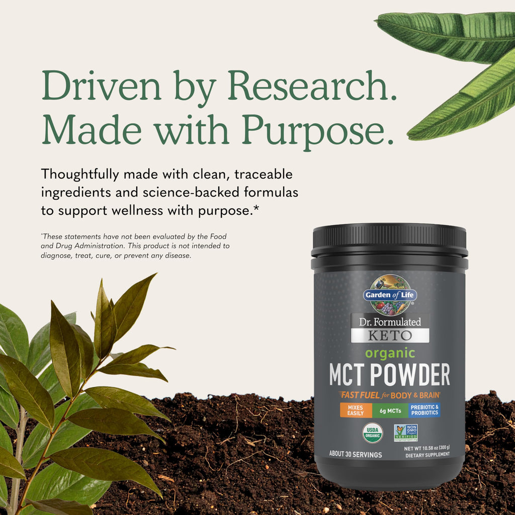 Garden of Life Dr. Formulated Keto Organic MCT Powder - 30 Servings, 6g MCTs from Coconuts Plus Prebiotic Fiber & Probiotics, Certified Organic, Non-GMO, Vegan, Gluten Free