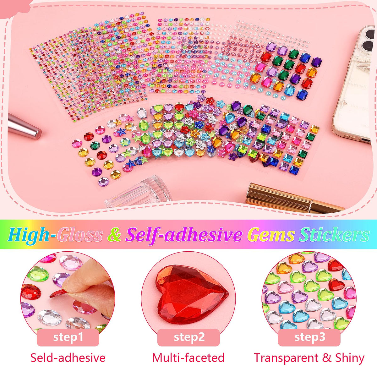 1782pcs Gem Stickers, Self Adhesive Rhinestones Stick on Jewel for Crafts