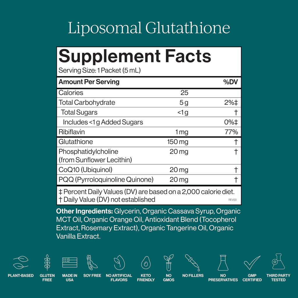 CYMBIOTIKA Liposomal Glutathione – PQQ, CoQ10, Detox & Skin Support | With PQQ, CoQ10 & vitamin B2. Sunflower liposomal delivery. Vegan, non-GMO, third-party tested. Citrus Vanilla, 26 packets.