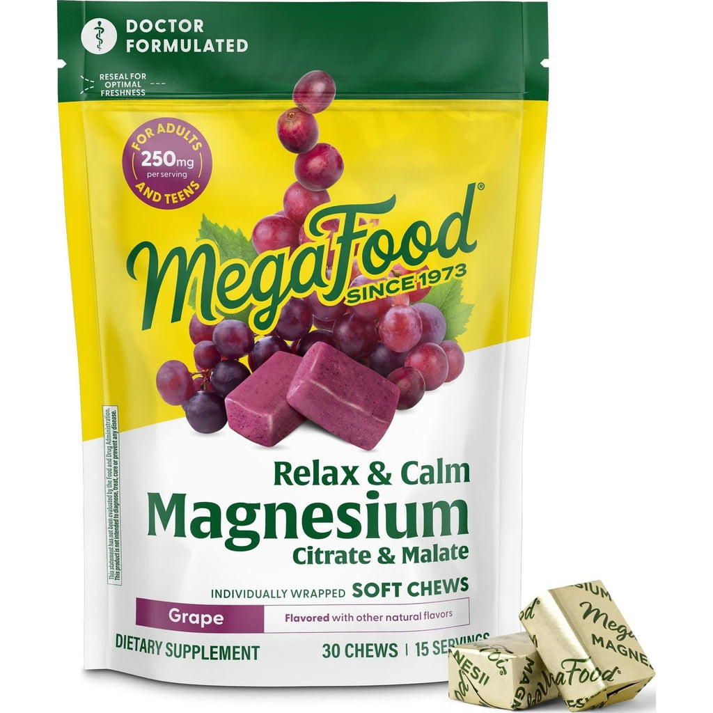 MegaFood Relax + Calm Magnesium Complex, Grape, 30 Soft Chews | Doctor Formulated, Magnesium Citrate & Malate for Heart Health & Muscle Tension, Teens 14+ & Adults, Vegetarian, 15 Servings