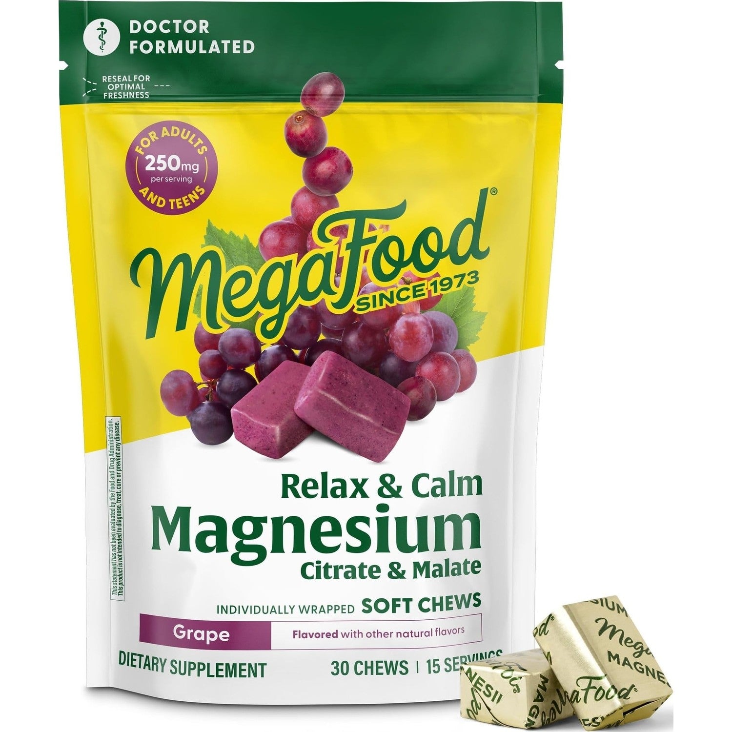 MegaFood Relax + Calm Magnesium Complex, Grape, 30 Soft Chews | Doctor Formulated, Magnesium Citrate & Malate for Heart Health & Muscle Tension, Teens 14+ & Adults, Vegetarian, 15 Servings
